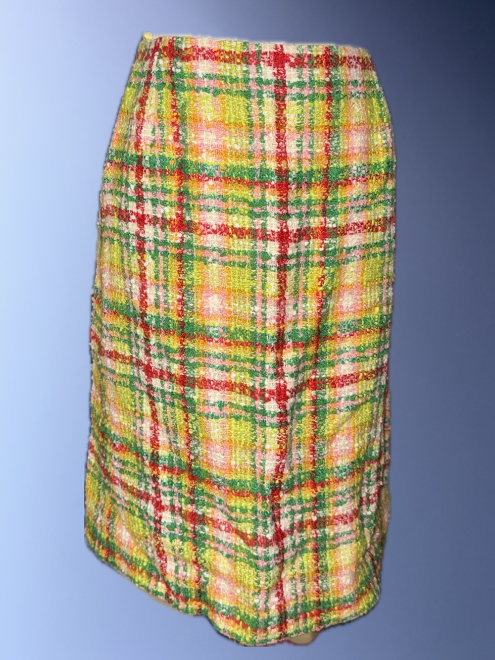 CHANEL Multicolor Plaid Tweed Pencil Skirt in Yellow, Green, Red